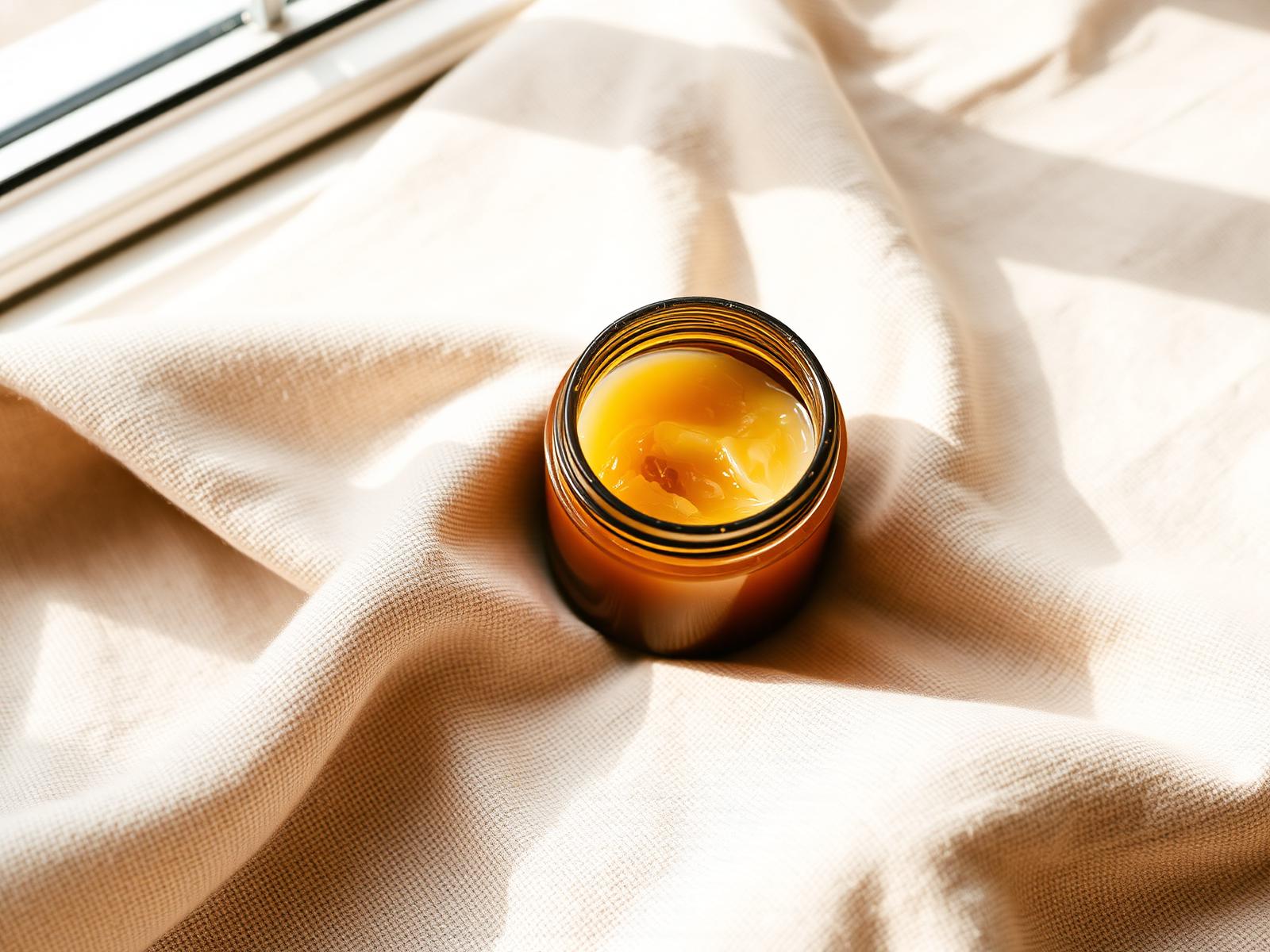 Amber jar of Myo Glide on natural linen